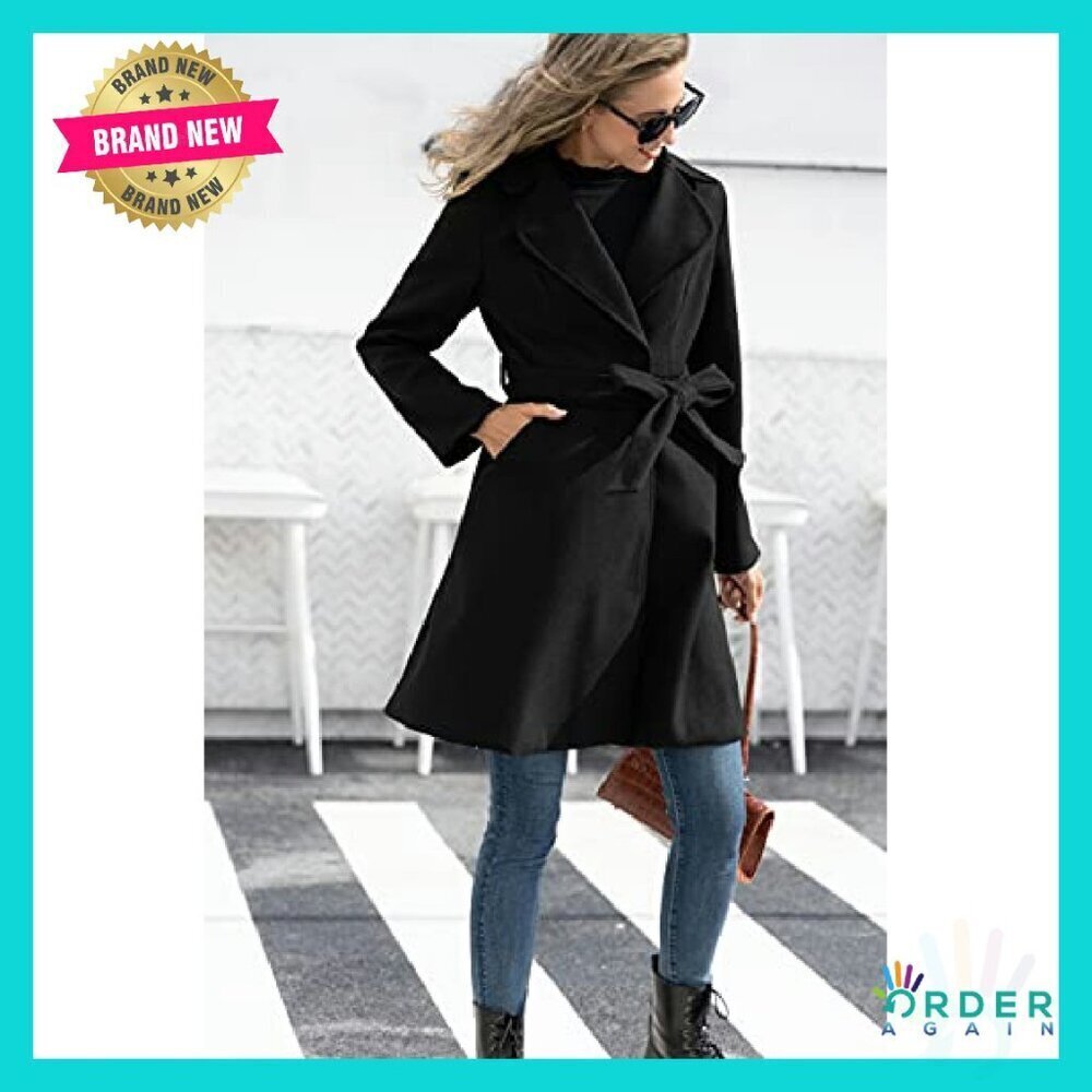 A-Line Peacoat Dress Coat Belted Notch Lapel Elegant Classic Trench - Picture 3 of 8